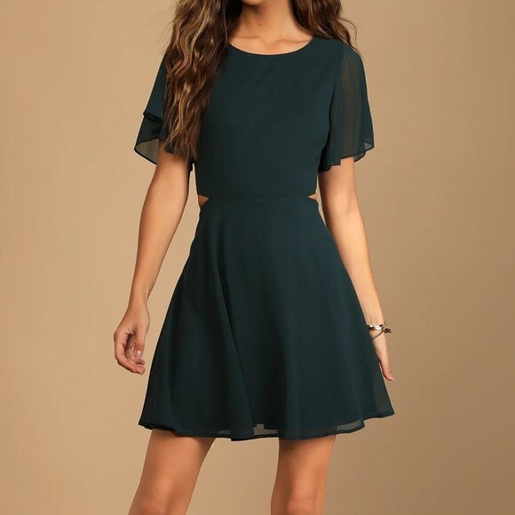 Like New Lulus Blissful Love Cutout Mini Skater Dress, Dark Green, Size Small - Picture 1 of 6